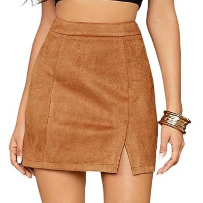 seiveini Rock Damen Kurz Bleistiftrock Elegant Röcke A-Line Faltenrock Freizeitrock mit Schlitz Rock Plissee Arbeitsrock High Waist Minirock Lässig Rock Asymmetrisch Einfarbig I Khaki M von seiveini