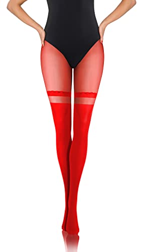 sesto senso Strumpfhose mit Overknee Muster 20-40 Den rot Strapsoptik Blickdichte Gemusterte 3 rot 05 von sesto senso