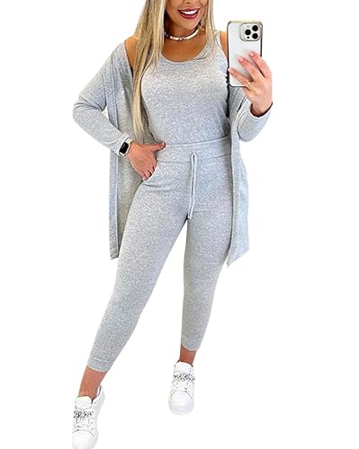 shownicer Anzug Damen Elegant 3 Teiler Ärmellos Tank Top Und Jogginghose Und Cardigan Set Dreiteilig Casual Sport Outfit Hosenanzug Slim Fit Loungewear Streetwear Anzüge Kombi A Grau M von shownicer