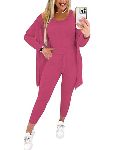 shownicer Anzug Damen Elegant 3 Teiler Ärmellos Tank Top Und Jogginghose Und Cardigan Set Dreiteilig Casual Sport Outfit Hosenanzug Slim Fit Loungewear Streetwear Anzüge Kombi A Rosa M von shownicer