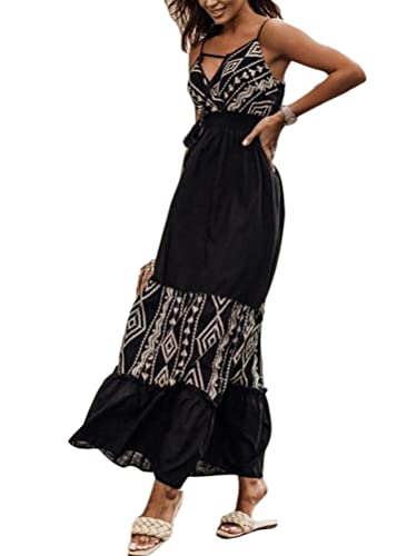 shownicer Damen Ärmellos V-Ausschnitt Retro Sommer Spitzen Strandkleid Maxi Kleider Boho Lang Lose Sommerkleid Elegant Casual A-Linie Kleid Q Schwarz XXL von shownicer