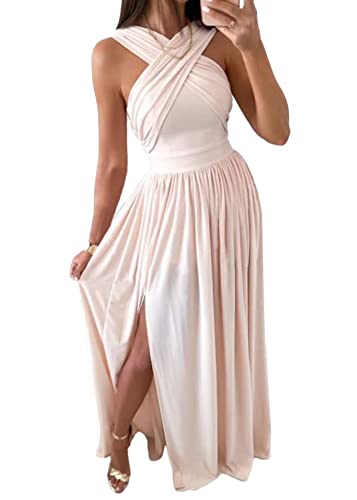 shownicer Damen Abendkleid Hochzeit Brautjungfernkleid Bodenlang Partykleid Cocktailkleid Wickelkleid V-Ausschnitt Festlich Kleid Rückenfrei Neckholder Maxikleid Strandkleid Z1 Beige XXL von shownicer