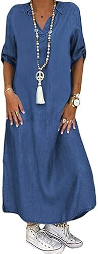 shownicer Damen Boho Jeanskleid Sommerkleid Frauen Casual Loose Jeans Kleider V-Ausschnitt Lange Ärmel Einfarbig Faltenrock A-Linie Maxi Denimkleid Tunika Hemd Blusenkleid B Hellblau L von shownicer