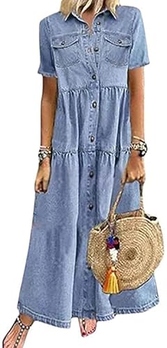 shownicer Damen Boho Jeanskleid Sommerkleid Frauen Casual Loose Jeans Kleider V-Ausschnitt Lange Ärmel Einfarbig Faltenrock A-Linie Maxi Denimkleid Tunika Hemd Blusenkleid C Hellblau L von shownicer