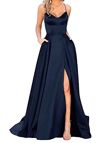 shownicer Damen Elegant Lange Ballkleider mit Taschen Satin A-Linie Backless Hochzeitskleid Neckholder Rückenfrei Lange Kleider Party Abendkleid Seitenschlitz Hochzeit Festtagskleid A Dunkelblau M von shownicer