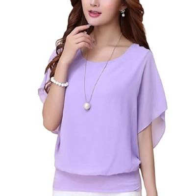 shownicer Damen Fledermaus Batwing Chiffonbluse Kurzarm Rundhals Tunika T-Shirt Top Bluse Sommer Casual Loose Fit Tops Oberteile mit Kurzen Flatter ärmel Violett L von shownicer