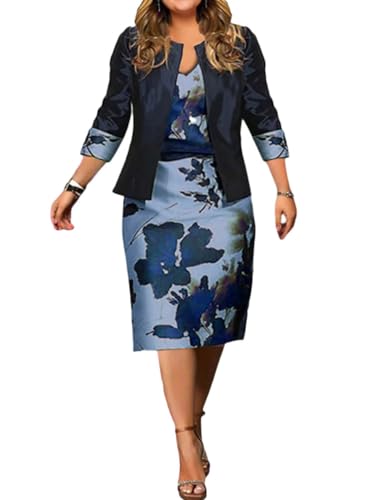 shownicer Damen Große Größen Abendkleid 3/4 Arm Bodycon Kleid Zweiteiliges Set Vintage Print Midi Kleider Bleistiftkleid Cocktailkleid mit Kurz Jacke B Blau XXL von shownicer