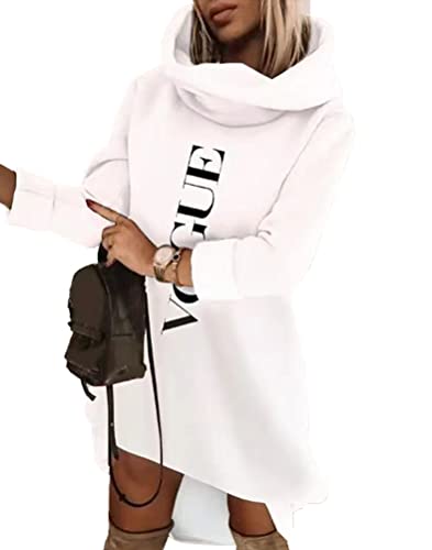 shownicer Damen Hoodie Kleid Langarm Sweatshirts Kapuzenpullover Lässig Mode Sweatshirt Mini Kleid mit Taschen Oversize Pullover Mit Kapuze Winter Herbst B Weiß XL von shownicer