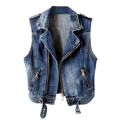 shownicer Damen Jeansweste übergröße Denim Jacke Ärmellos Beiläufige Jeansweste Denim Weste Vest Frühling Cardigan Top Outwear mit Loch Design E Blau XS von shownicer