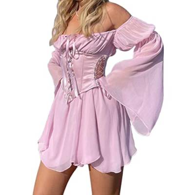 shownicer Damen Kleider Sexy Schulterfrei Blumen Sommerkleid Mit Korsett Chic Flare Hülse Kleider 2 Stück Set Boho Strandkleid Mini Kleider A Rosa (2-teiliges Set) XS von shownicer