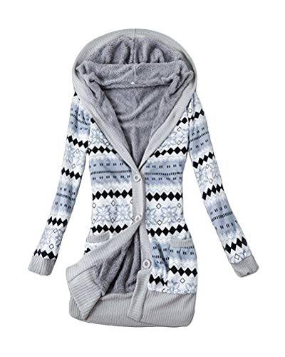 shownicer Damen Lange Mäntel mit Kapuze Drucken Gestrickt Winterjacke Warm Plüsch Gefüttert Knopf Strickjacke Outwear Mäntel Kapuzenpullover Kapuzenjacke Blau XS von shownicer