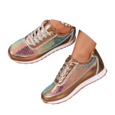 shownicer Damen Sneaker Pailletten Glitzer Flach Schuhe Freizeit Atmungsaktiv Walkingschuhe Turnschuhe Outdoor Fitness Jogging Sportschuhe mit Klettverschluss B Gold 43 EU von shownicer