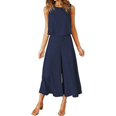 shownicer Damen Sommer 2-Teiliges Rundhals Ärmellos Top Solid Wide Leg Hosen Set Lose Casual Hausanzug Zweiteiler A Marine XL von shownicer