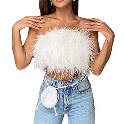 shownicer Damen Tube Top Oberteil mit Federn Sexy Reißverschluss Bandeau Ärmellos Crop Top Elegant Festliche Oberteile Hochzeit Party Club Outfit Weste A Weiß L von shownicer