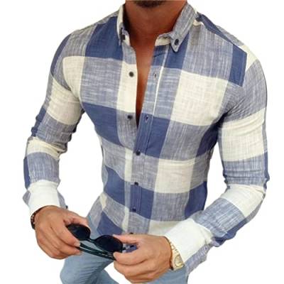 shownicer Hemd Herren Langarm Sommerhemd Herren Freizeithemd Leinenhemd Regular Fit Men Shirts Kariertes Businesshemd Strand Beach Tops for Männer Hellblau M von shownicer