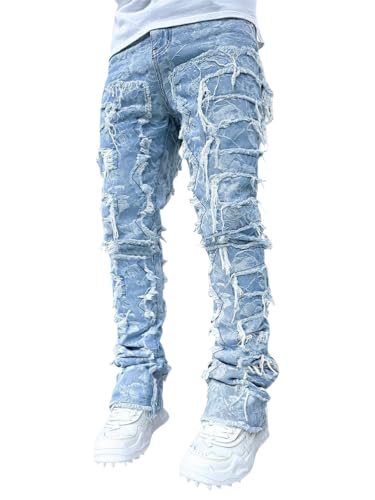 shownicer Herren Hip Hop Jeans Baggy Straight Leg Gewaschen Jeanshose Casual Denim Hosen Vintage Destroyed Stretch Jeans Teenager Jungen Skateboard Hose Streetwear A Hellblau02 L von shownicer