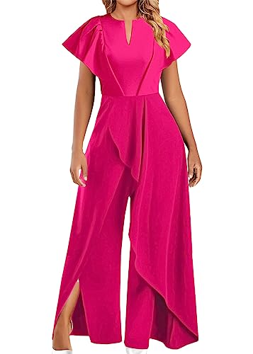 shownicer Jumpsuit Festlich Hochzeit Damen Lang Weites Bein Elegant Overall Spitze Ärmel Hosenanzug Playsuit Romper G Rose Rot M von shownicer