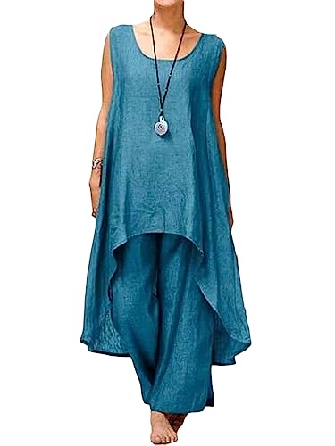 shownicer Leinen Zweiteiler Damen Elegant Sommer Freizeitanzug Hose und Tank Top 46 Teiler Anzug Casual V Ausschnitt Ärmellose Leinenanzug Einfarbig Hosenanzug Outfit Set A Orange M B Blau1 3XL von shownicer