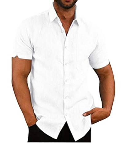 shownicer Leinenhemd Herren Kurzarm Hemd Sommerhemd Sommer Casual Regular Fit Freizeithemd Einfarbig Basic Shirt Kurzarmhemd Businesshemd Männer A Weiß 3XL von shownicer