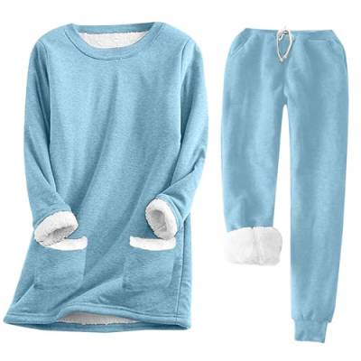 shownicer Schlafanzug Damen Fleece Lang Winter Pyjama Warm Fleece Hausanzug Kuschelig Schlafanzug Flauschig Fleece Pyjama Set Mit Langarm Oberteile Und Pyjamahose A Blau02 L von shownicer