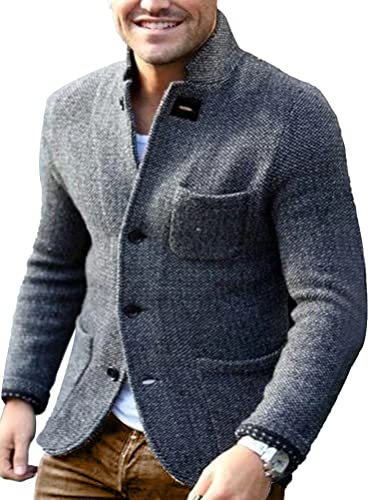 shownicer Strickjacken für Herren Winter Stehkragen Warmer Cardigan Langarm Slim Fit Pullover mit Knöpfen Herren Einfarbig V-Ausschnitt Wintermantel Strickmantel A Grau XL von shownicer