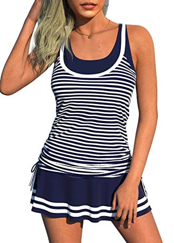 shownicer Tankini Set Damen Zweiteilig Badeanzug Push Up Bademoden Bauchweg Tankini Set Drucken Oberteile Und Badeshorts Beachwear Strand Schwimmanzug Tankinis Mit Rock A Marine 3XL von shownicer