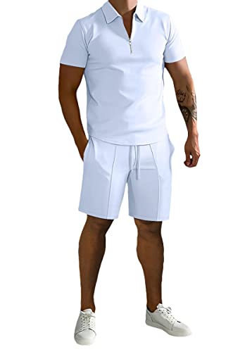 shownicer Trainingsanzug Sommer Sportanzug 2 Teiliges Outfit Sport Kurzarm T-Shirts + Kurze Hose Freizeitanzug Männer Business Polo Hemd mit Revers A Weiß S von shownicer