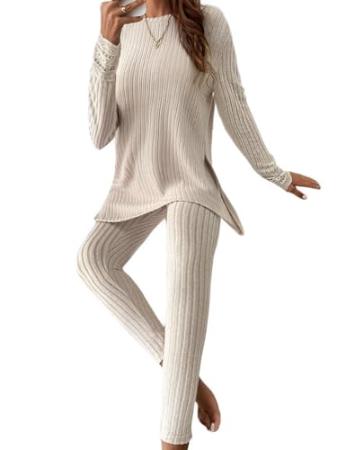 shownicer Zweiteiler Damen 2 Teilig Langarm Pullover Und Hose Zweiteiler Outfit Freizeitanzug Sportanzug Hosenanzug Loungewear Set C Aprikose L von shownicer