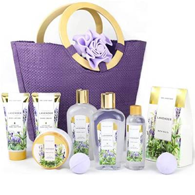 SPA LUXETIQUE Damen Bade Geschenkset - 10tlg. Lavender Duft Geburtstaggeschenk Wellness set für Frauen Handcreme, Duschgel, Schaumbad, Bodylotion, Badesalz, Badeschwamm & Geräumige Handtasche von spa luxetique