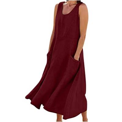 Damen Sommerkleid Lang Baumwoll Leinen Tankkleid S-5XL Tasche Unifarbenes äRmelloses V-Ausschnitt Locker Holiday Freizeitkleid Casual Neckholder Wadenlang Maxikleid Frauen MäDchen Umstandskleider von tsaChick