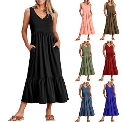 tsaChick Damen Sommerkleid Lang Ärmelloses Plissiertes Kleid mit Taschen V-Ausschnitt Tankkleid A-Linie Kleid solide wadenlang Freizeitkleid Strandkleid Sonnenkleid Frauen Mädchen Umstandskleider von tsaChick