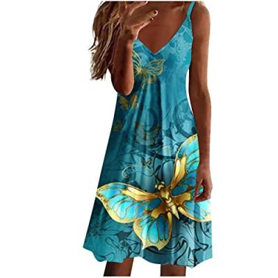 tsaChick Damen Sommerkleid Lang Halterdruck Strandkleid S-3XL äRmelloses V-Ausschnitt Knielang Tie Dye Druck Midikleid Hochtailliertes LäSsiges Neckholder Tankkleid Frauen MäDchen Umstandskleider von tsaChick