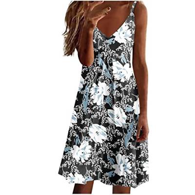 tsaChick Damen Sommerkleid Lang Halterdruck Strandkleid S-3XL äRmelloses V-Ausschnitt Knielang Tie Dye Druck Midikleid Hochtailliertes LäSsiges Neckholder Tankkleid Frauen MäDchen Umstandskleider von tsaChick