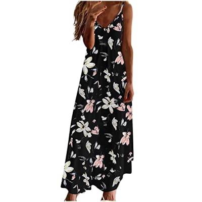 tsaChick Damen Sommerkleid Lang Halterdruck Strandkleid S-3XL äRmelloses V-Ausschnitt Maxi Tie Dye Druck Hochtailliertes LäSsiges Neckholder Tankkleid Frauen MäDchen Umstandskleider von tsaChick