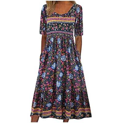 tsaChick Sommerkleid Damen Lang Boho Maxikleid S-3XL Mode 2023 Kurzarm Langes Kleid mit Taschen Neu Rundhalsausschnitt Strandkleider Partykleider Vintage Freizeitkleider MäDchen Umstandskleider von tsaChick