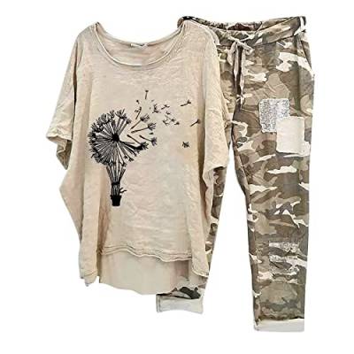 tsaChick Traingsanzug Damen Jogginganzug 2 Stück Outfits Lose Tops Hose Sportanzug Kurzarm Löwenzahn Druck Bluse Lange Camouflage Hose Zweiteiler Jogger Trainingsanzug Set Sweatshirt von tsaChick