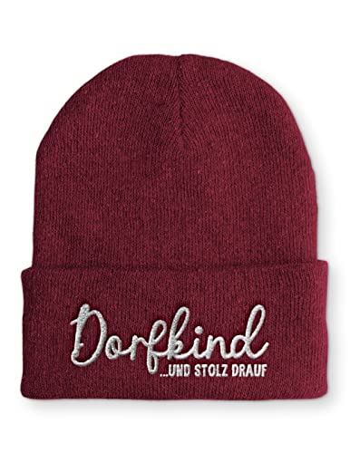 tshirtladen Dorfkind und stolz drauf Statement Wintermütze lustige Mütze für Damen und Herren, Farbe: Bordeaux von tshirtladen