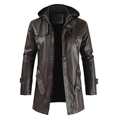 umifyxioy jacke herren winter,Herren Lederjacke Übergangsjacke mit Kapuze Kunstleder Motorradjacke Herrenjacke Cool Stylisch Vintage Slim Fit Lange Jacke Freizeit Winter Mantel Bikerjacke von umifyxioy