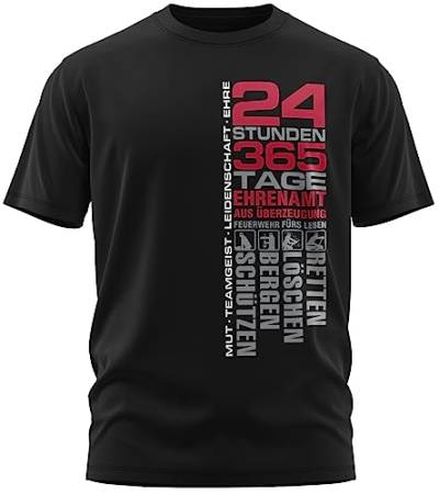 Feuerwehr - 24 Stunden 365 Tage Retten, Löschen, Bergen, Schützen 112 - Ehrenamt Freiwillige Feuerwehr Spruch Motiv - Herren T-Shirt und Männer Tshirt, Farbe:Schwarz/Rot, Größe:XL von vanVerden