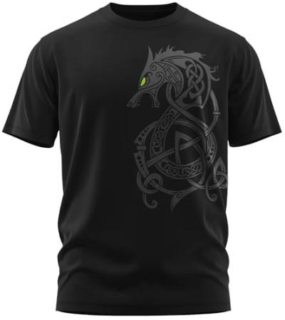 NØRTH Legendary Herren T-Shirt - Fenriswolf 2.0 Fenrir Wolf Brust Aufdruck, nordische Wikinger Walhalla Geschenke für Männer, Odin Thor Valhalla Viking Shirt, Farbe:Schwarz/Grün, Größe:4XL von vanVerden