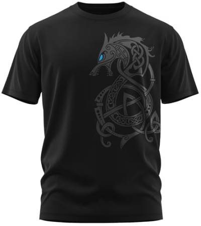 NØRTH Legendary Herren T-Shirt - Fenriswolf 2.0 Fenrir Wolf Brust Aufdruck, nordische Wikinger Walhalla Geschenke für Männer, Odin Thor Valhalla Viking Shirt, Farbe:Schwarz/Blau, Größe:L von vanVerden