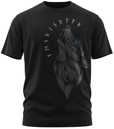 NØRTH Legendary Herren T-Shirt - Fenriswolf 1.0 Fenrir Wolf Brust Aufdruck, nordische Wikinger Walhalla Geschenke für Männer, Odin Thor Valhalla Viking Shirt, Farbe:Schwarz/Blau, Größe:XXL von vanVerden