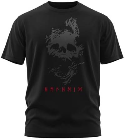 NØRTH Legendary Herren T-Shirt - Helheim Unterwelt Totenreich Brust Aufdruck, nordische Wikinger Walhalla Geschenke für Männer, Odin Thor Valhalla Viking Shirt, Farbe:Schwarz/Blutrot, Größe:S von vanVerden