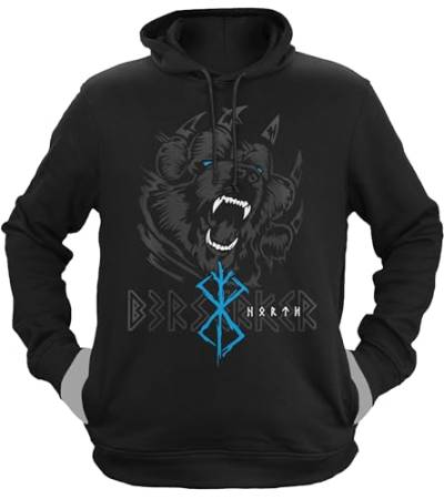 NØRTH Legendary Herren Hoodie mit Kapuze - Bär Björn Krieger Berserker - nordische Wikinger Walhalla Geschenke für Männer, Valhalla Viking Herren Pullover, Farbe:Schwarz/Blau, Größe:3XL von vanVerden