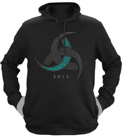 NØRTH Legendary Herren Hoodie mit Kapuze - Odins Hörner Trinkhörner - nordische Wikinger Walhalla Geschenke für Männer, Valhalla Viking Herren Pullover, Farbe:Schwarz/Petrol, Größe:M von vanVerden