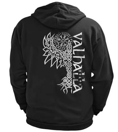 NØRTH Legendary Herren Sweatjacke mit Kapuze - Valhalla Odin Rabe Hugin Munin Rücken Aufdruck - nordische Wikinger Walhalla Zipper, Valhalla Viking, Farbe:Schwarz/Weiß, Größe:4XL von vanVerden