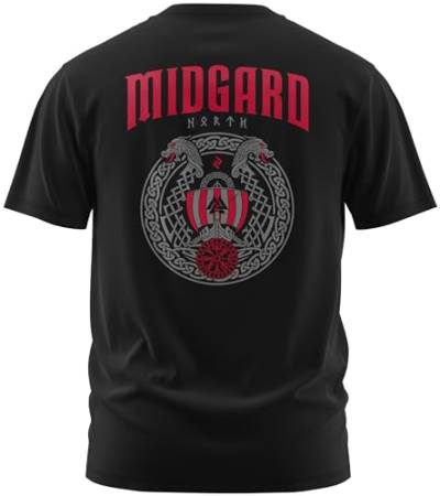 NØRTH Legendary Herren T-Shirt - Midgard - Floki Drachenboot Rücken Design, nordische Wikinger Walhalla Geschenke für Männer, Odin Thor Valhalla Viking Shirt, Farbe:Schwarz/Blutrot, Größe:5XL von vanVerden