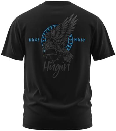 NØRTH Legendary Herren T-Shirt - Odin Rabe Hugin Rücken Design, nordische Wikinger Walhalla Geschenke für Männer, Odin Thor Valhalla Viking Shirt, Farbe:Schwarz/Blau, Größe:XL von vanVerden