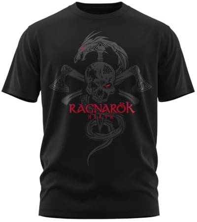 NØRTH Legendary Herren T-Shirt - Ragnarök Totenkopf Brust Aufdruck, nordische Wikinger Walhalla Geschenke für Männer, Odin Thor Valhalla Viking Shirt, Farbe:Schwarz/Blutrot, Größe:S von vanVerden