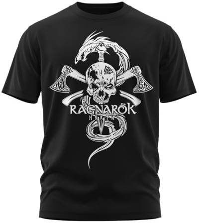 NØRTH Legendary Herren T-Shirt - Ragnarök Totenkopf Brust Aufdruck, nordische Wikinger Walhalla Geschenke für Männer, Odin Thor Valhalla Viking Shirt, Farbe:Schwarz/Weiß, Größe:L von vanVerden